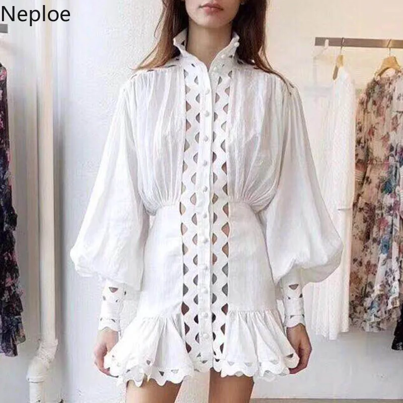 Neploe выдалбливают латерн рукава сладкое женское платье стоячий воротник Vestido 2019
