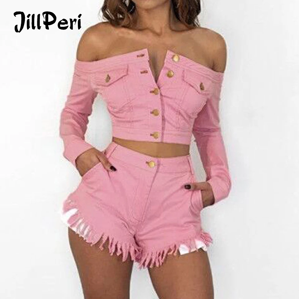 JillPeri Для женщин пикантные с открытыми плечами Denim Crop топы и шорты комплект из 2
