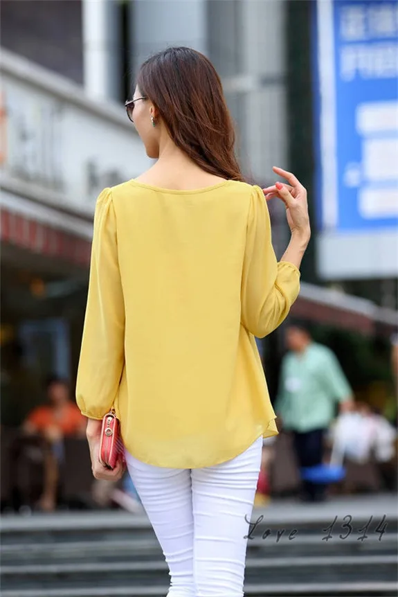 New CHIC 2015 Shirts Plus Size Casual Long Sleeve Chiffon Blouse For Women Blusas Sequined O-neck Blouses Yellow Rose SV007480 |