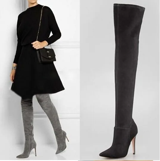 New Arrived women pointed toe thigh high bbots grey suede leather over knee boots slim thin sexy thigh high boots plus size 42