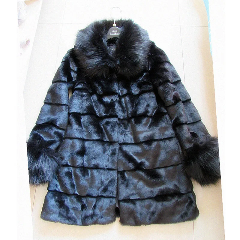 

Fashion Fox Fur Collar and Cuff Medium-long Rabbit Fur Coat for Women Winter Overcoat Plus Size Women's Faux Fur Coats Black