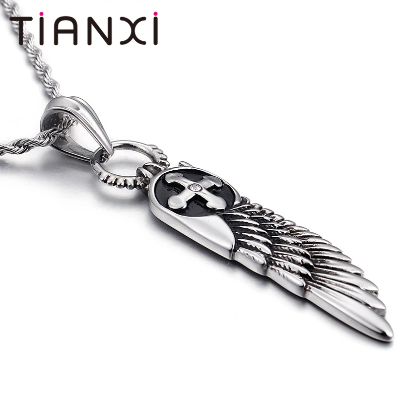TIANXI Vintage Feather Necklace For Men Stainless Steel Cross Pendant Male Free Shipping Jewelry Boy Friend | Украшения и
