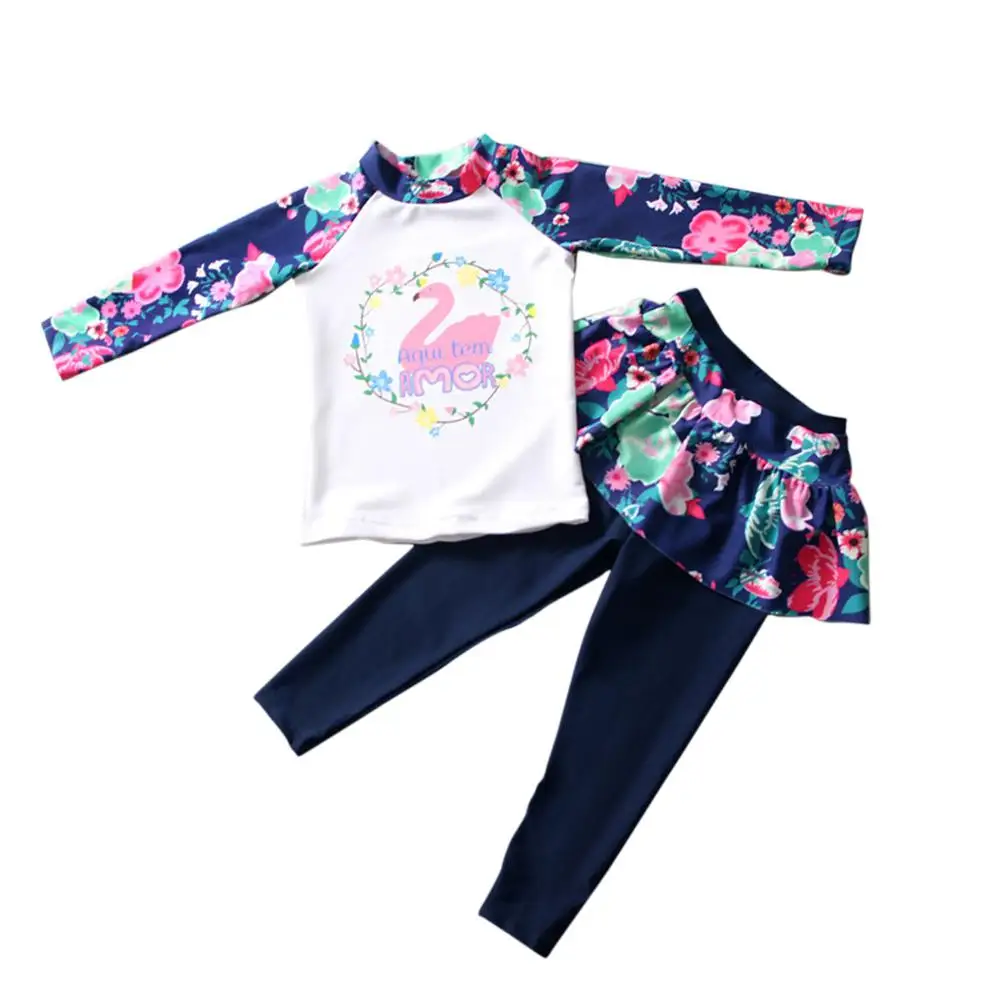 Kids Girls Cartoon Printing Quick Dry Long Sleeve Skirt Type Top Pants Muslim Swimwear Set Summer Beach Clothing Swimsuits