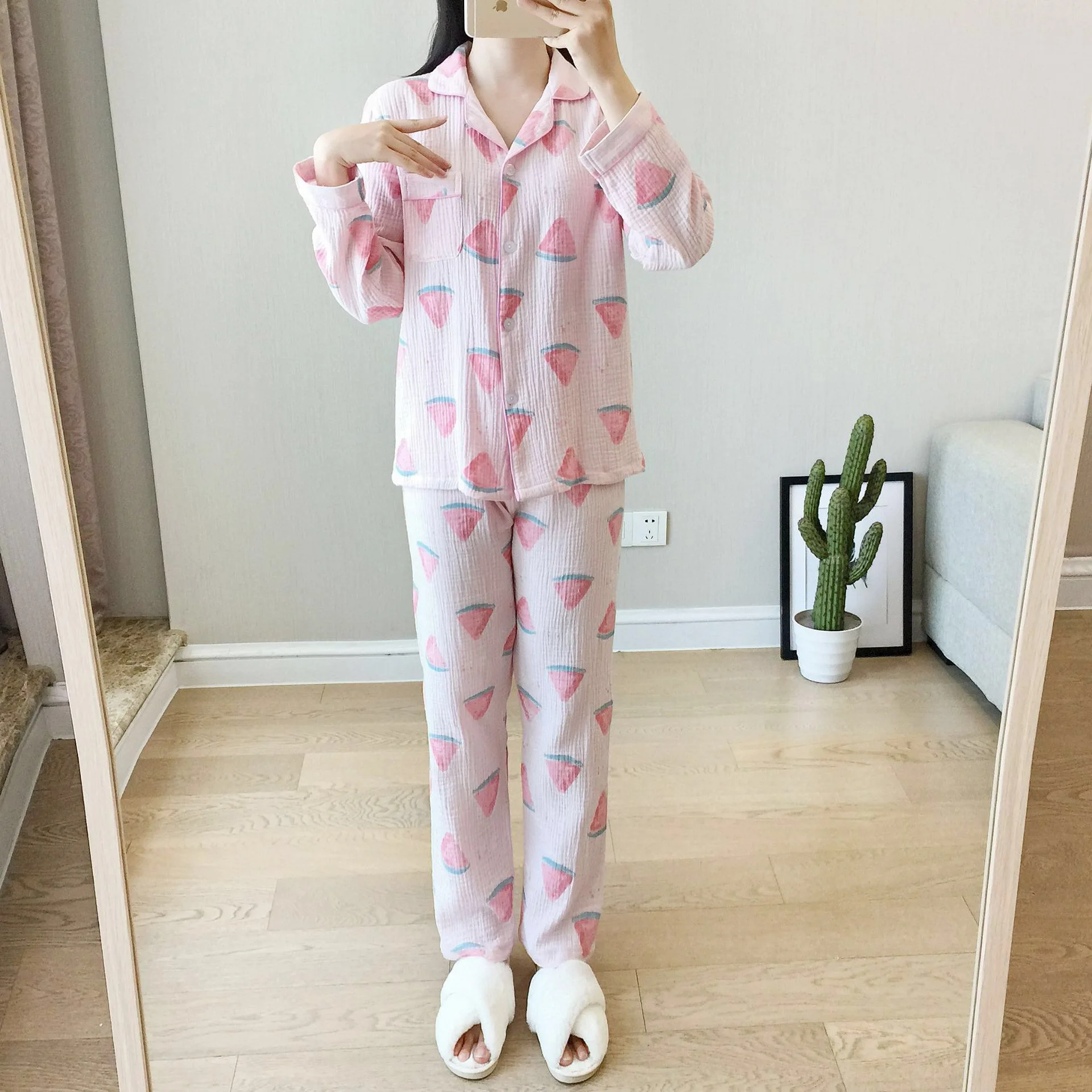Весенне-летний комплект свободных пижам для дам Ins Fresh style Женская одежда для сна удобная газовая хлопковая Домашняя одежда с рисунком арбуза
