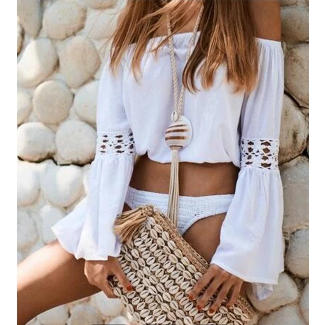 Ladies Sexy Slash Neck Crop Tops White Hollow Out Solid Blouses 2019 Off Shoulder Blouse Women Summer Flare Sleeve Shirt Tunics |