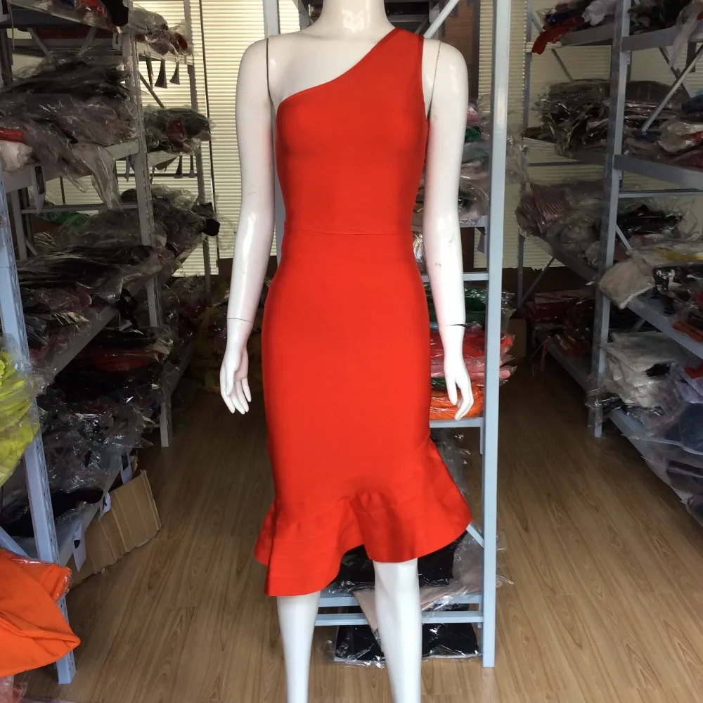 Женское вечернее Бандажное платье на одно плечо черное/Красное Облегающее