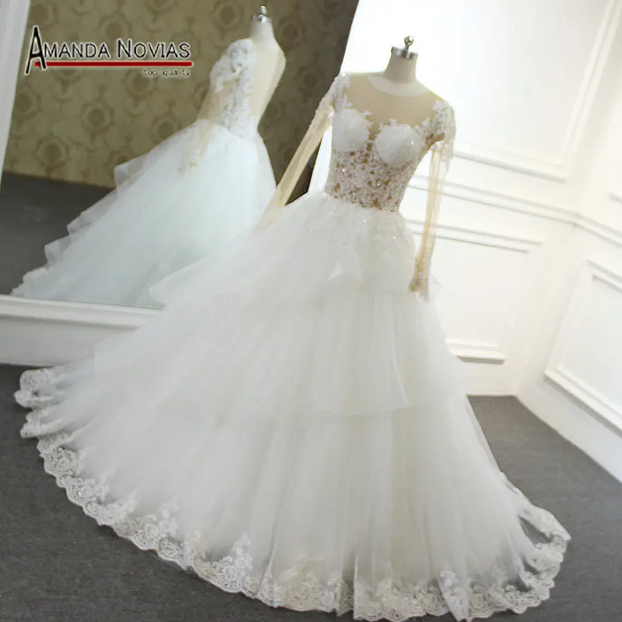 Vestido de noiva Новое поступление кружево одежда с длинным рукавом свадебное платье небольшой поезд