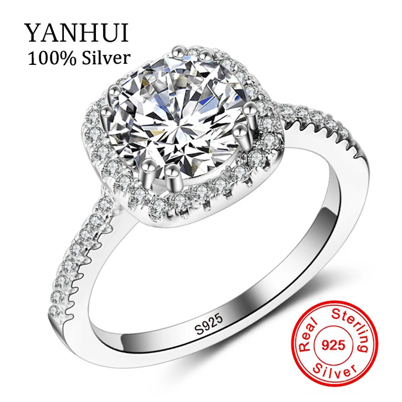 YANHUI настоящий кольца из стерлингового серебра 925 для женщин 2ct круглые SONA кубические циркониевые Кольца Ювелирные Украшения JZ063