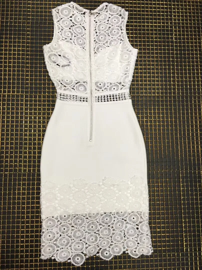 О-образным вырезом Белое кружево без рукавов до колена Длина Vestidos женщин 2018