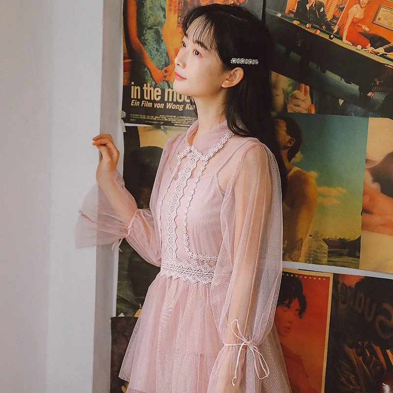 Сетчатое платье с длинными рукавами новинка весны 2019 милое элегантное принцессы