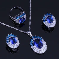 glowing flower blue cubic zirconia white cz silver plated jewelry sets earrings pendant chain ring v1003