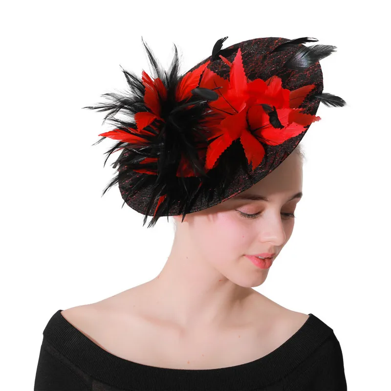 

Black Kentucky Derby Fascinator Hat For Women Red Feather Flower Sinamay Hats Wedding Party Cocktail Headwear Female Headbands