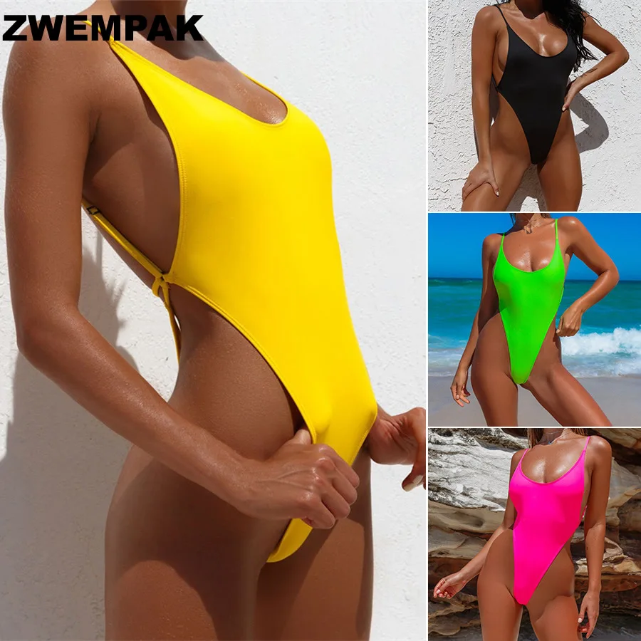 Цельный купальник с высоким вырезом Одноцветный монокини подкладкой бандажный