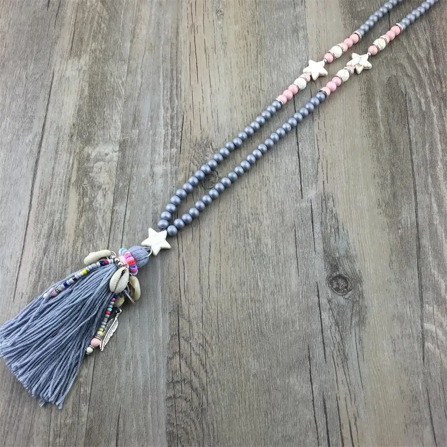 Бохо ожерелье s деревянные бусы натуральный камень звезда кисточка ручной работы