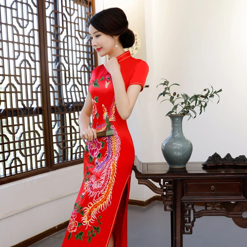 Chinese dress modern cheongsam 2018 catwalk performance wedding red peony flower long clothing type | Тематическая одежда и
