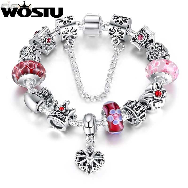 WOSTU Queen Jewelry Silver Charms Bracelet &amp Bangles With Crown Beads for Women SDP1823 | Украшения и аксессуары