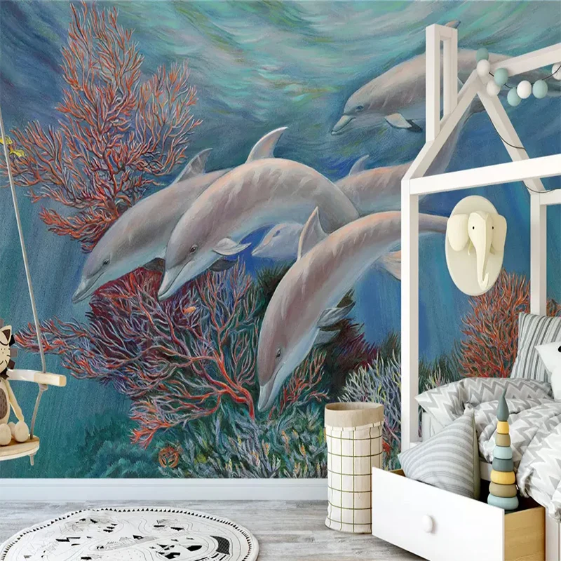 Пользовательские 3D шелковые обои детские фотообои рулон морской мультфильм