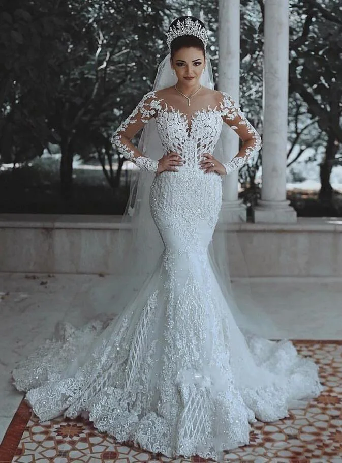 Vestido de noiva свадебное платье с длинными рукавами и русалочкой романтическое
