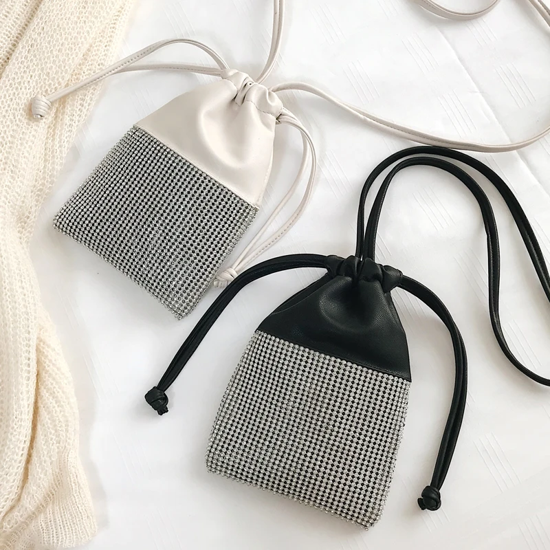 

Luxury black Leather drawstring bag diamond day clutches for women leather rhinestones party evening purse wristlets handbags