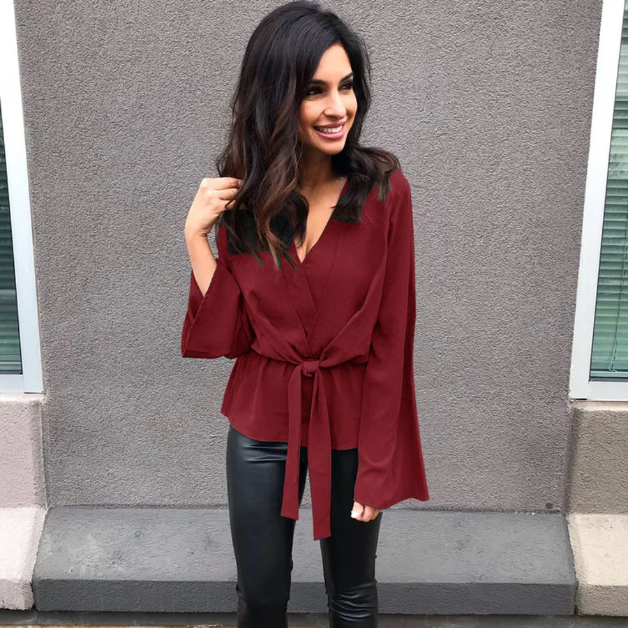 Женская шифоновая блузка с длинным рукавом и V образным вырезом| |