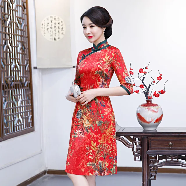 

Knee Length Cheongsam Vintage Chinese Mandarin Collar Dress 2019 New Womens Summer Rayon Qipao Slim Party Dresses Vestido S-3XL