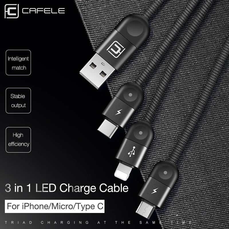 USB-кабель Cafele 3 в 1 для iPhone кабель Micro USB Type C со светодиодной подсветкой провод