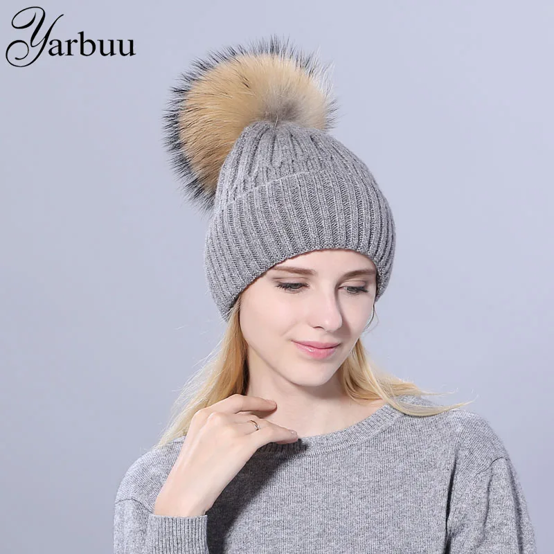 [YARBUU] Зимние шапки для женщин норковые Меховые помпоны шапочки девочек Осенние