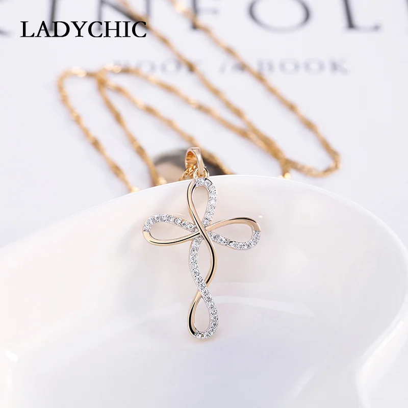 LADYCHIC Трендовое ожерелье с бесконечным кристаллом s для женщин золотого цвета Длинная цепочка ожерелье с цирконием вечерние праздничные украшения LN1065