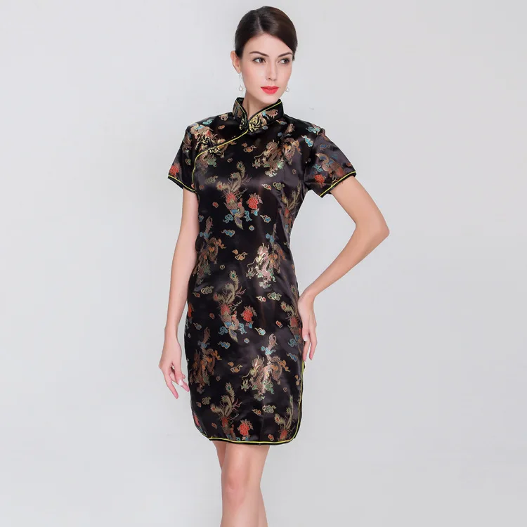 Модное китайское женское атласное мини платье Cheongsam Qipao с цветочным принтом