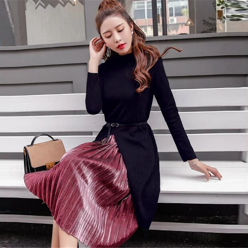 

Spring Autumn Women New Long Pleated Skirt Two-Piece Winter Was Slim Long-sleeved Suit Skirt Fashion Leisure Suit Skirt A0215