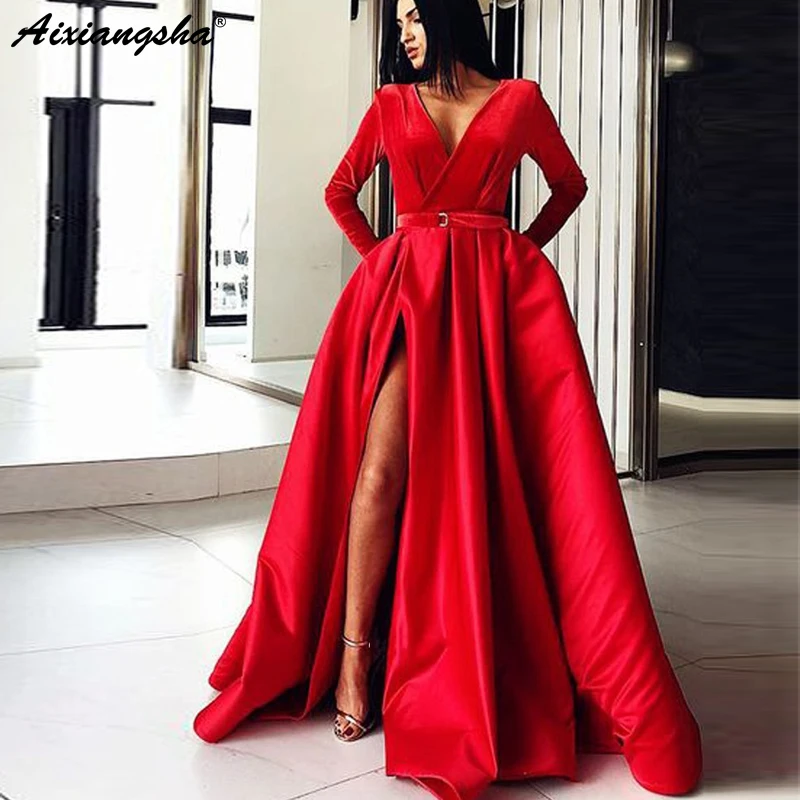 

Gorgeous Red Muslim Evening Dresses Ball Gown V Neck Long Sleeves Split Satin Dubai Kaftan Saudi Arabic Long Evening Gown