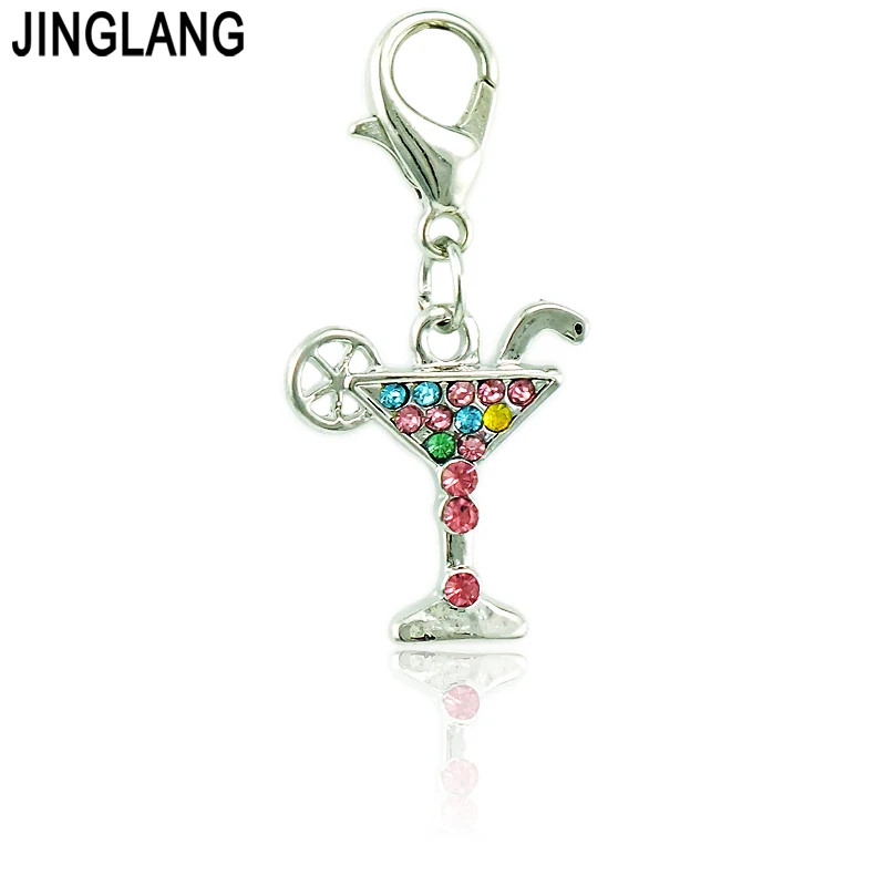 

JINGLANG Free Shipping Lobster Clasp Charm Dangle Colorful Rhinestone Wine Cup DIY Charms For Jewelry Making Accessories