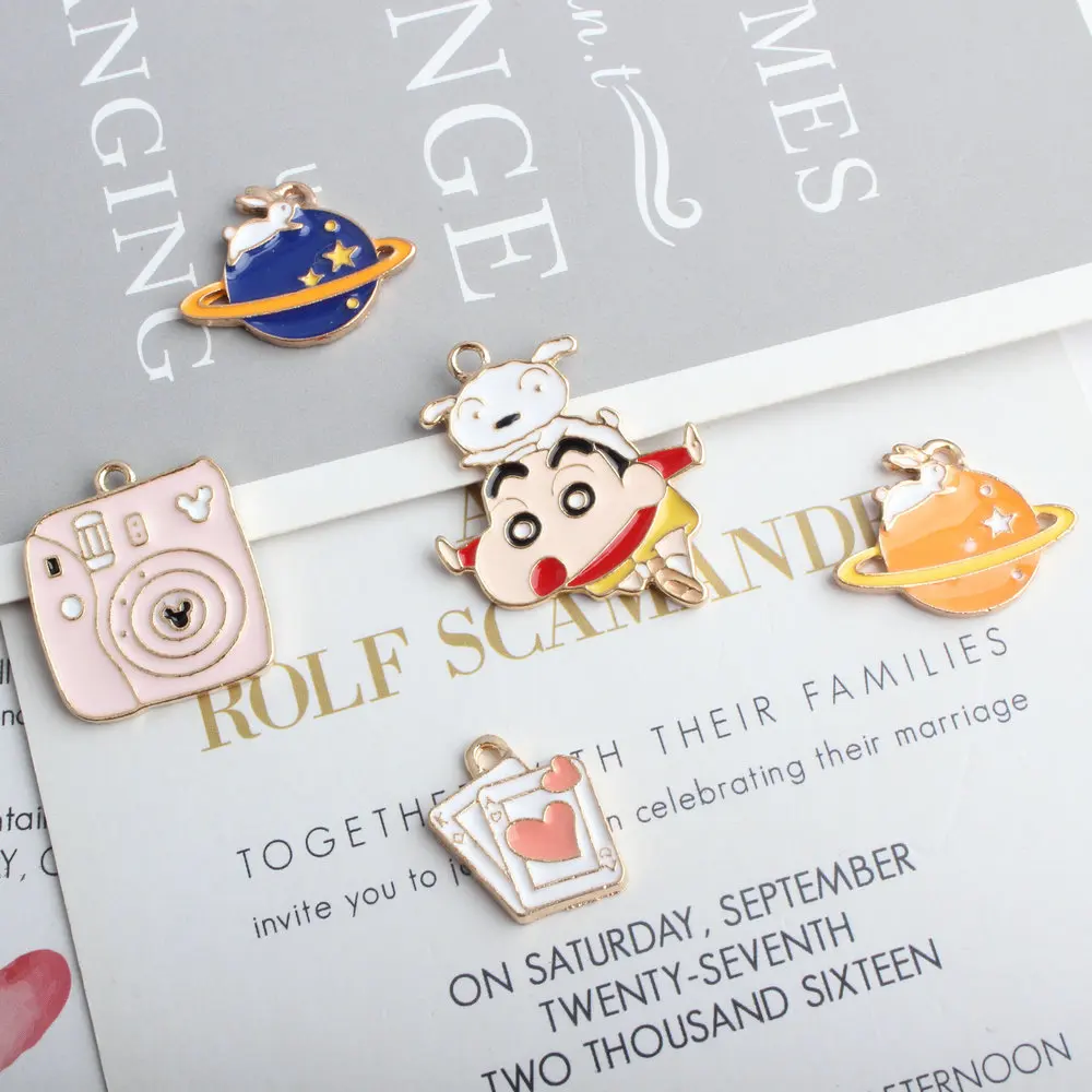 

10Pcs Golden drop oil Cartoon Crayon Shinchan poker Planet Enamel charms for jewelry making Findings DIY handmade decoration