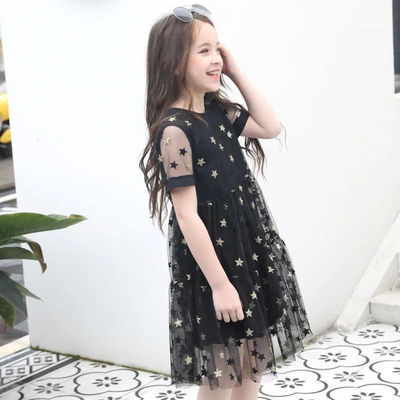 Summer Dress 2019 New Children's Princess Black Short-sleeved Cotton+Mesh Star Teenage Girl Clothing 10 12 14 Years | Детская одежда