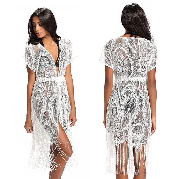 Women Lace Beach Cover Up 2018 V Neck Tassel Tie Long Beachwear Summer Swimsuit Cover Up Sexy See-through Beach Dress