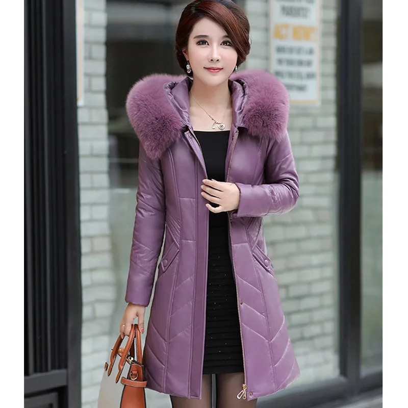 Toon color UHYTGF/L-7XL, модные зимние кожаные куртки с меховым воротником и капюшоном, Женская роскошная кожаная куртка, хлопковое тонкое теплое Женское пальто 126 - Цвет: Toon color