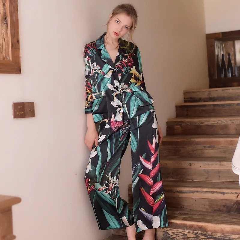 S-XL,, роскошная Пижама, комплект из двух предметов, новинка, женская шелковая Домашняя мода, цветочный принт, сексуальная пижама, De Duas, Элегантная ночная одежда