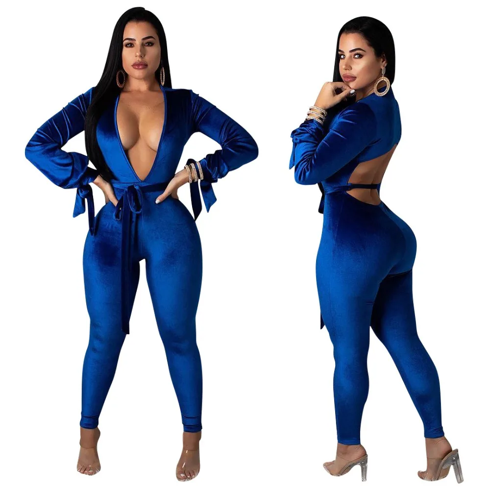 TEXIWAS Sexy backless hollow Overalls with belt Street Jumpsuits Women Deep V-neck Puff sleeve Bodysuit Club Party | Женская одежда