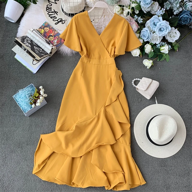 Винтаж оборка из плотной ткани желтого цвета черный, красный миди платье Лето сексуальный v-образный вырез женское платье элегантный короткий рукав Vestidos