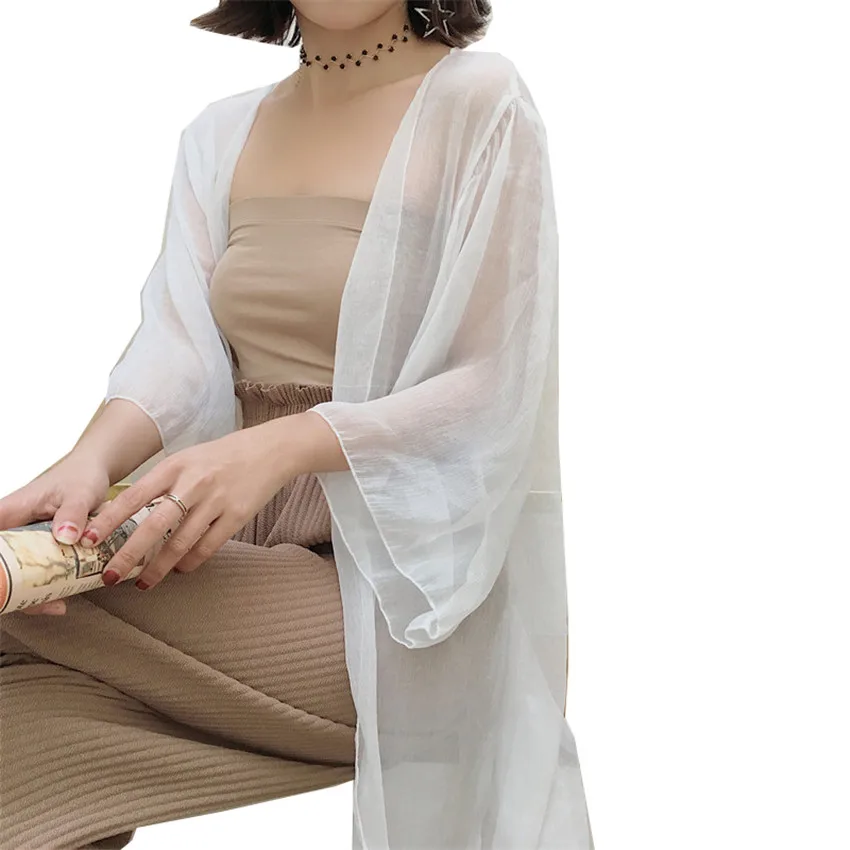 2020 винтажный летний женский длинный шифоновый кардиган блузки белый рукав Blousas