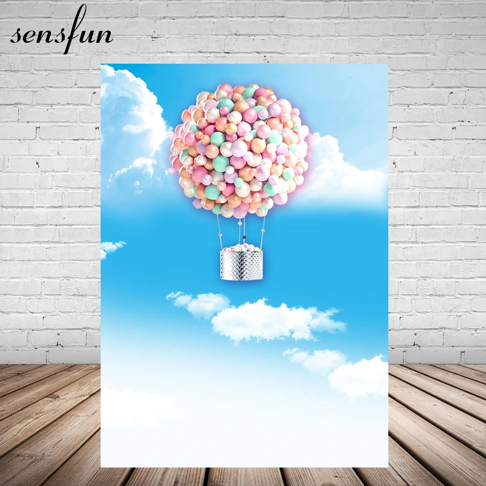 

Sensfun Colorful Hot Air Balloon Clean Blue Sky Clouds Backdrop Backgrounds For Photo Studio Baby Newborn Children Vinyl 5x7ft