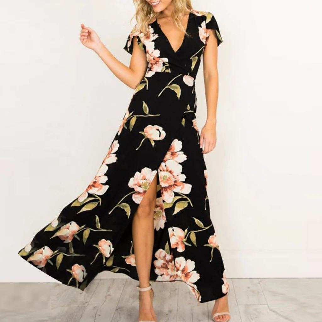 Женское платье-макси с V-образным вырезом и коротким рукавом | Женская одежда