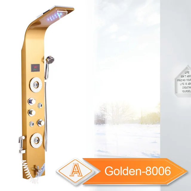 Golden 8006 Матовая никелевая душевая панель, настенный светодиодный светильник, дождь, водопад, Душевая насадка для ванны, душевой набор с биде, распылитель, массажные струи - Цвет: Golden 8006
