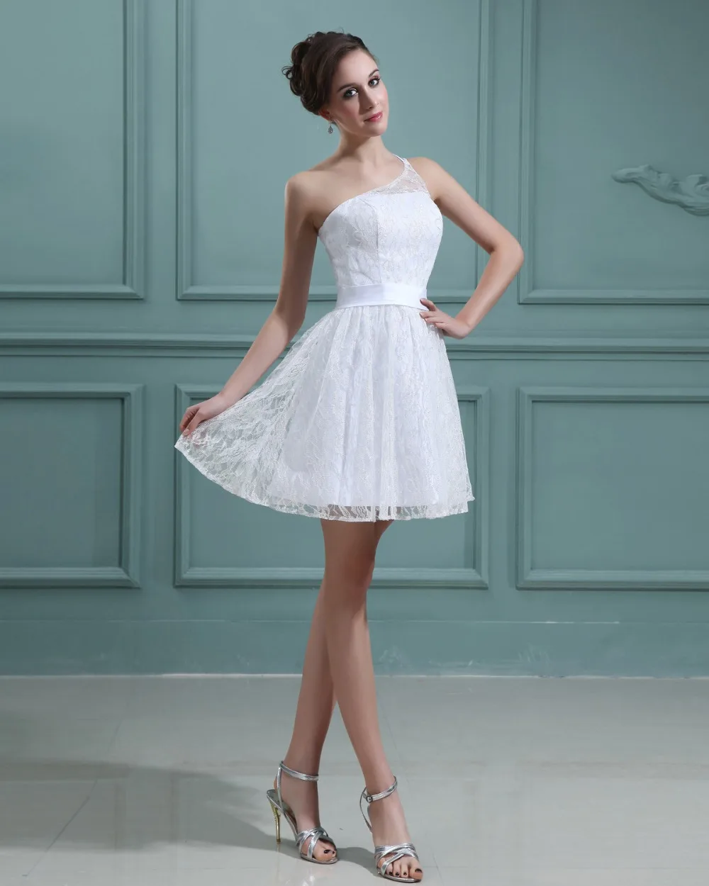 natural none A line sleeveless one shoulder mini miniskirt short white lady lace designer sexy babydoll cocktail party dress | Свадьбы и