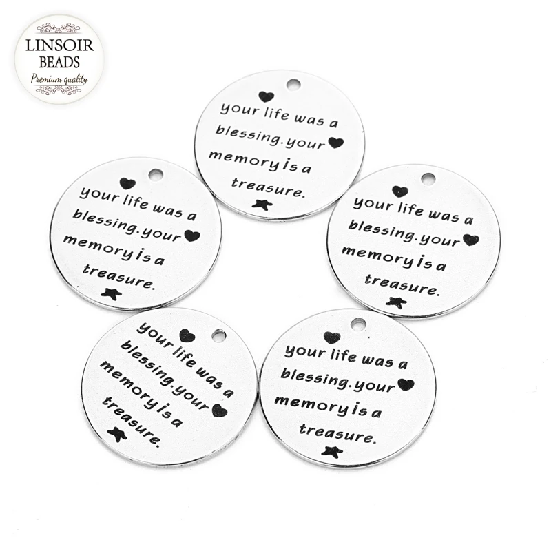 

Linsoir 5pcs/lot letters Stainless Steel Pendent Charm "Your life was a blessing.Your memory is a treasure" For DIY Jewelry
