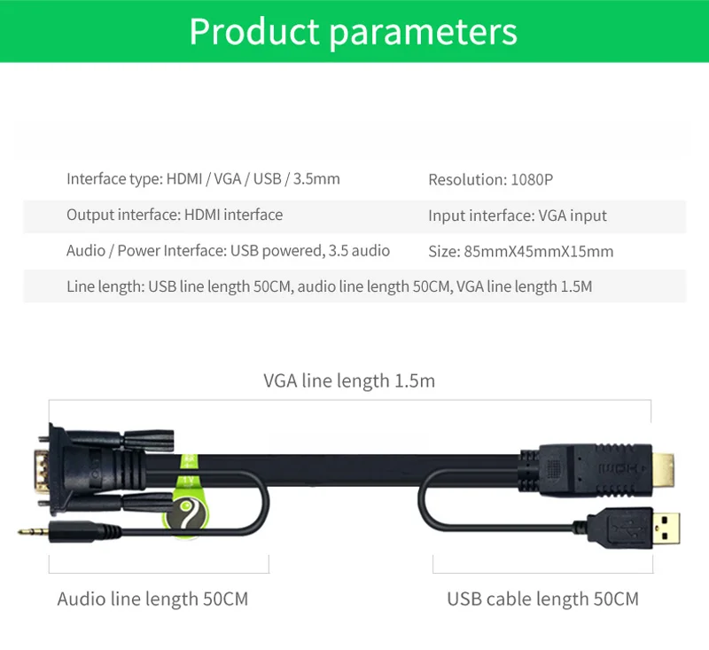 1080 HD High Resolution HDMI Male to VGA Converter Cable with Audio output Adapter for PC Laptop HDTV Projecto 6FT 9FT | Электроника