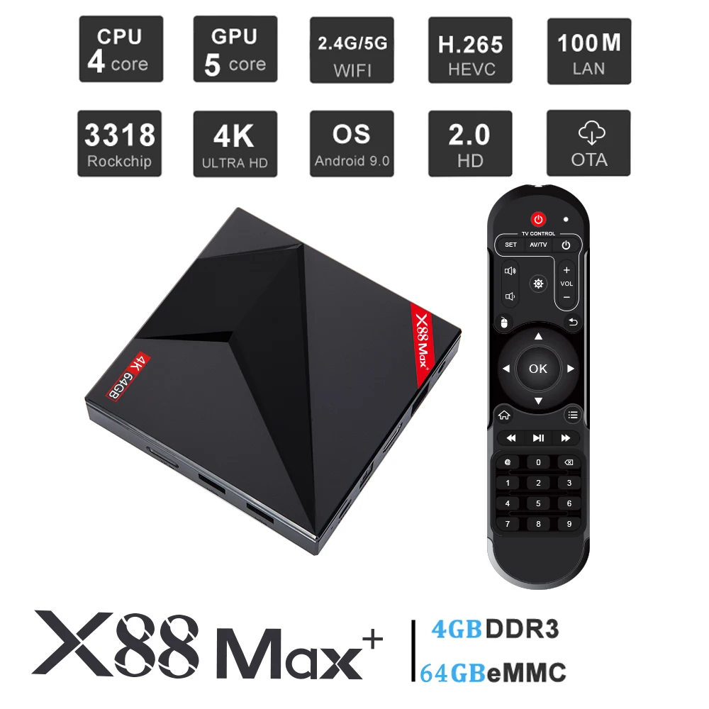 Android 9 0 ТВ-приставка 4 Гб ОЗУ 64 ПЗУ X88 MAX PLUS RK3328 четырехъядерный TYPE-C 2 4G/5 Ghz двойной WiFi
