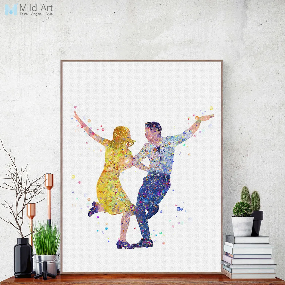 Арт-постер Watercolor City Oscar Movie A4 на холсте для живой комнаты домашнего декора с изображением танцующих влюбленных на свадьбе.
