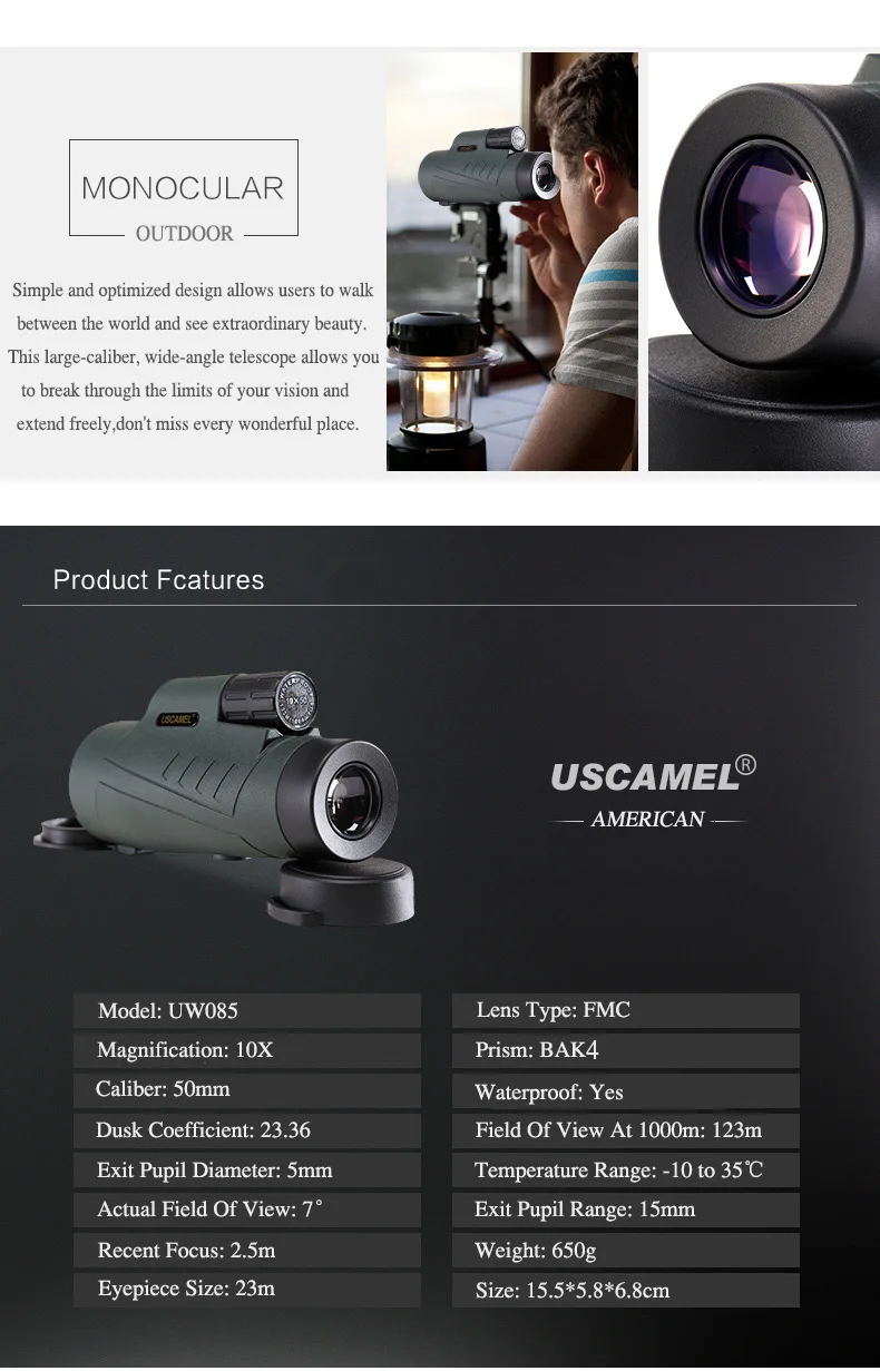 USCAMEL 10x50 HD Bak4 Монокуляр телескоп открытый Водонепроницаемый оптические линзы Охота путешествия пятнистость Телескопический Монокуляр телескоп Телефон