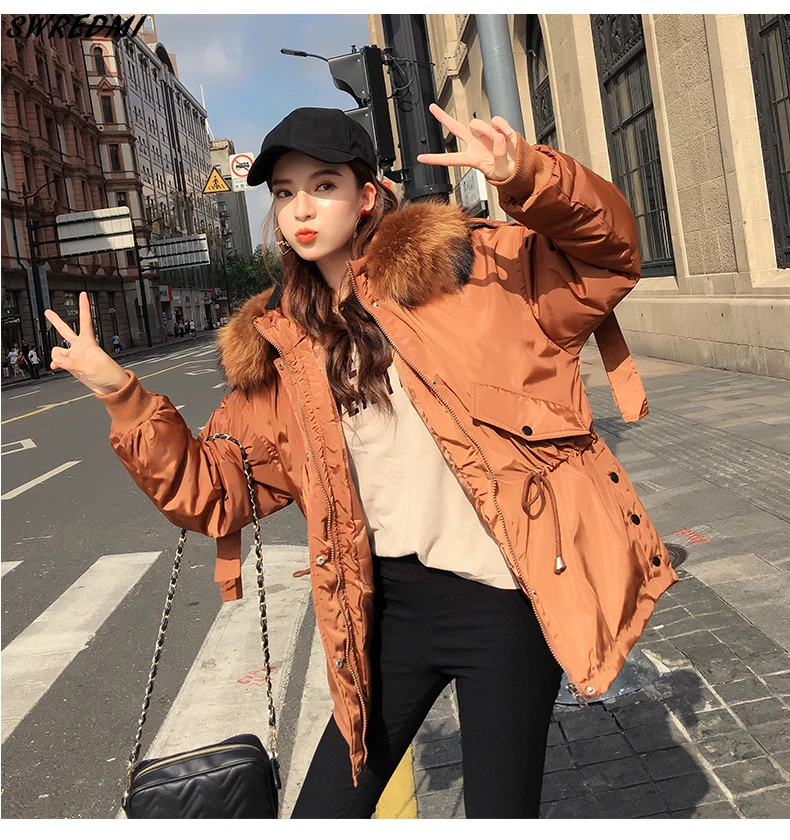 SWREDMI Women Winter Short Jacket Female Hooded Parkas Loose Cotton Padded Coat Mujer Thick Warm Slim Jacket Fur Collar